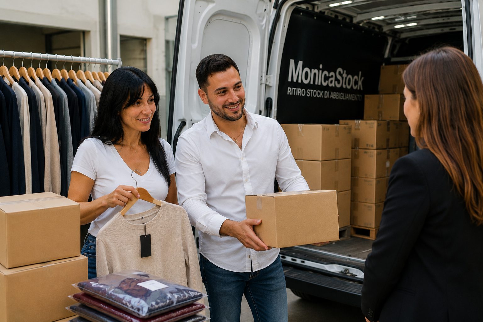 Monica e Gabriele organizzano il ritiro di uno stock abbigliamento