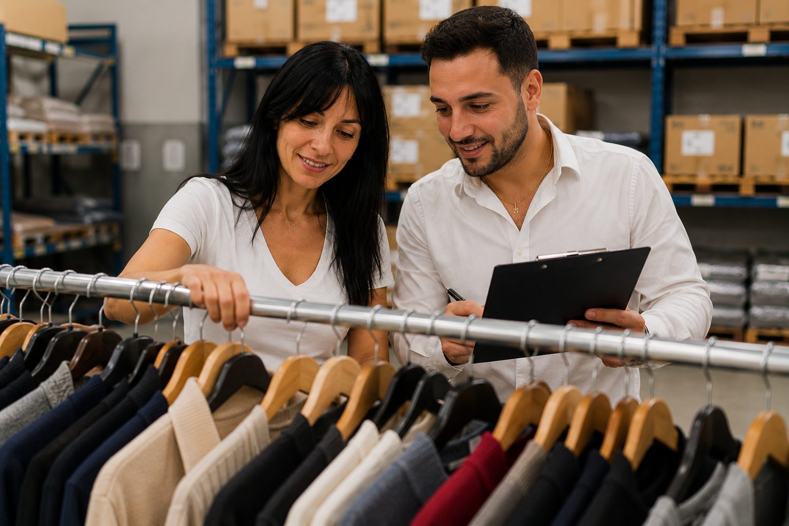 Monica e Gabriele durante la valutazione di uno stock abbigliamento con un cliente