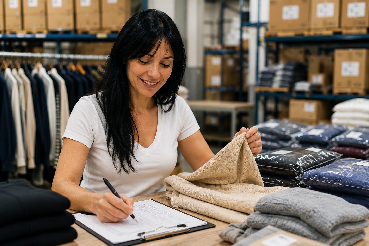 Monica valuta capi di abbigliamento su stender per ritiro stock